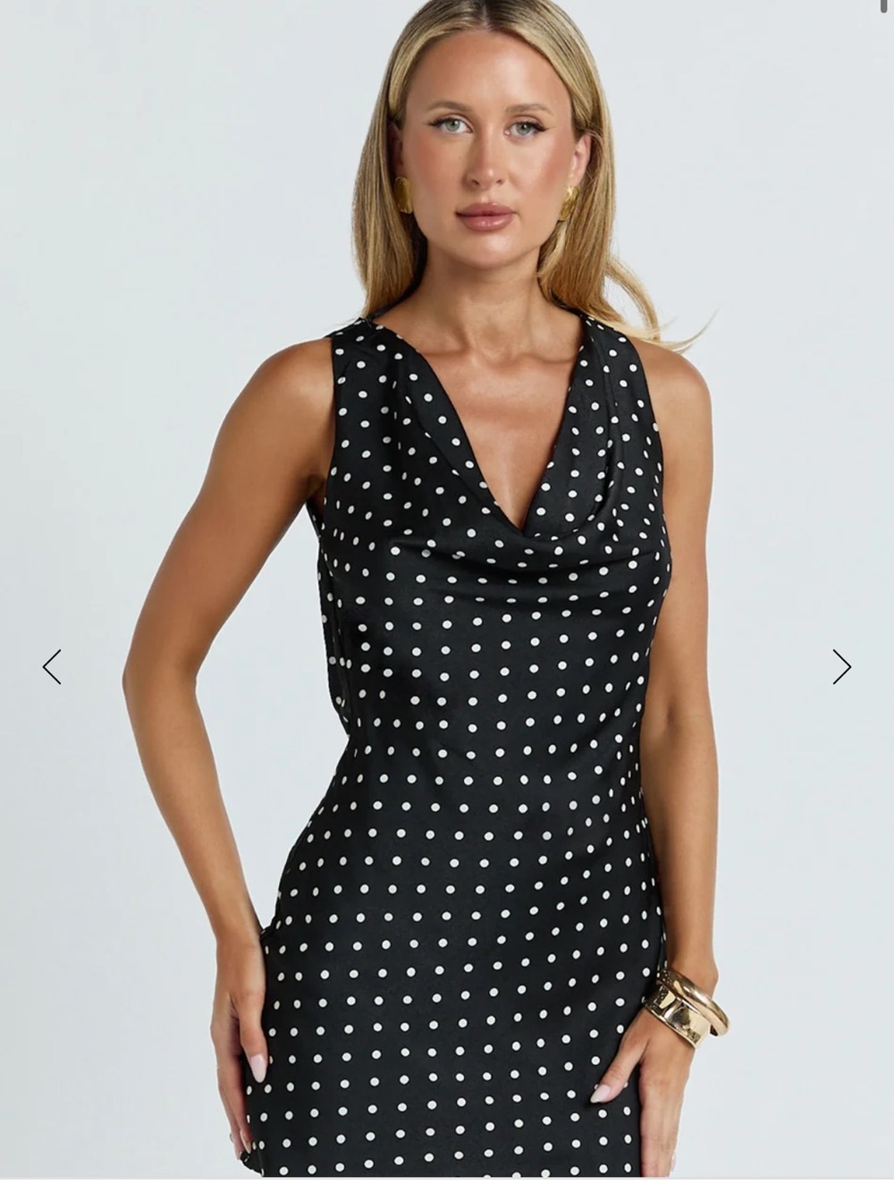 Showpo Black and White Polka Dot Cowl Neck Mini Dress
